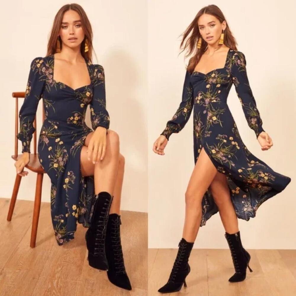 Reformation Mademoiselle Navy Floral Wallflower Long Sleeve Midi Dress Size 10